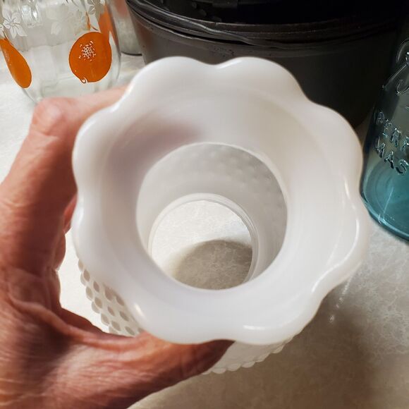 Vintage Milk Glass Hobnail Hurricane Light Globe Scalloped Edge - Picture 7 of 9
